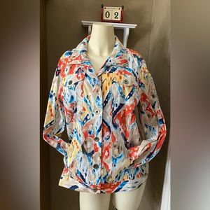 Chicos Womens Artsy cotton spandex multicolor jacket sz 2 ( M) Metal Button Up